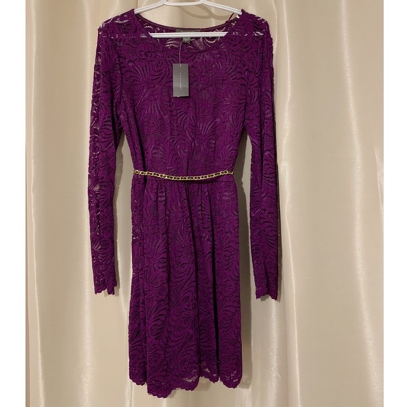 Elegant Long Sleeve Purple Dress + Belt - Picture 3 of 4